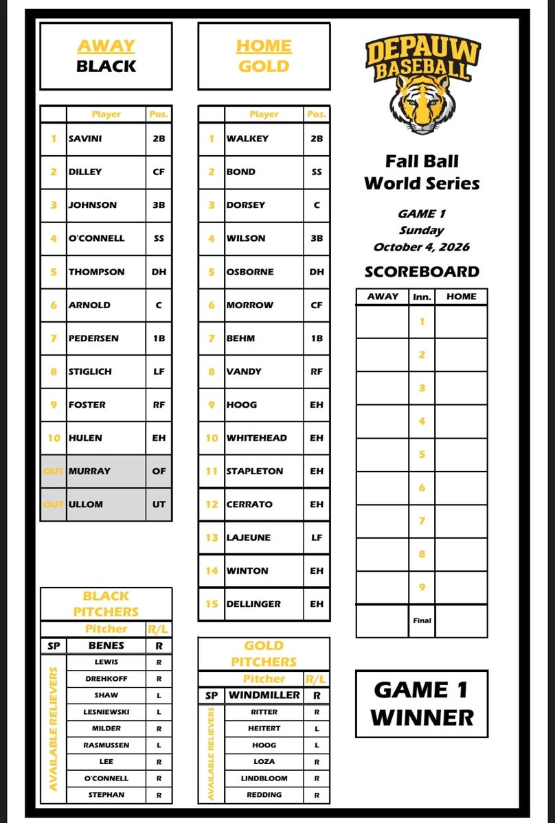 DePauwBaseball's tweet photo. Black & Gold Fall World Series Game 1
First Pitch 10:45 am
#TeamDePauw #D3Baseball https://t.co/iC6nb0UekL