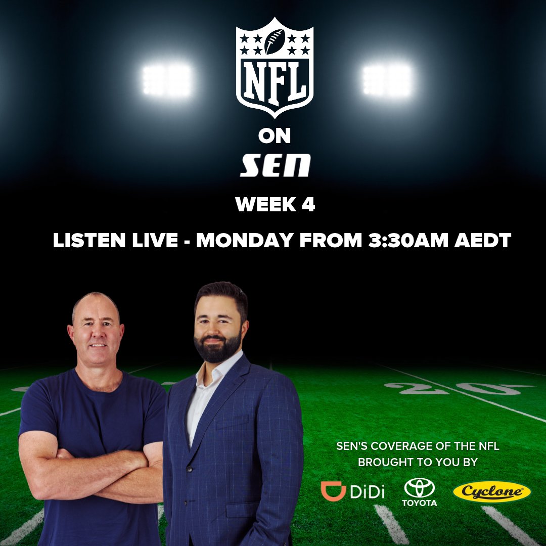1116sen's tweet photo. Join @bengraham7 and @JordanKounelis from 3:30am AEDT as they go through all the action from Monday's Week 4 games.
Listen on the SEN app: https://t.co/Fgl4BJBudc
#NFL | #DiDi | #CycloneTools | @Toyota_Aus https://t.co/fKajIr73cb