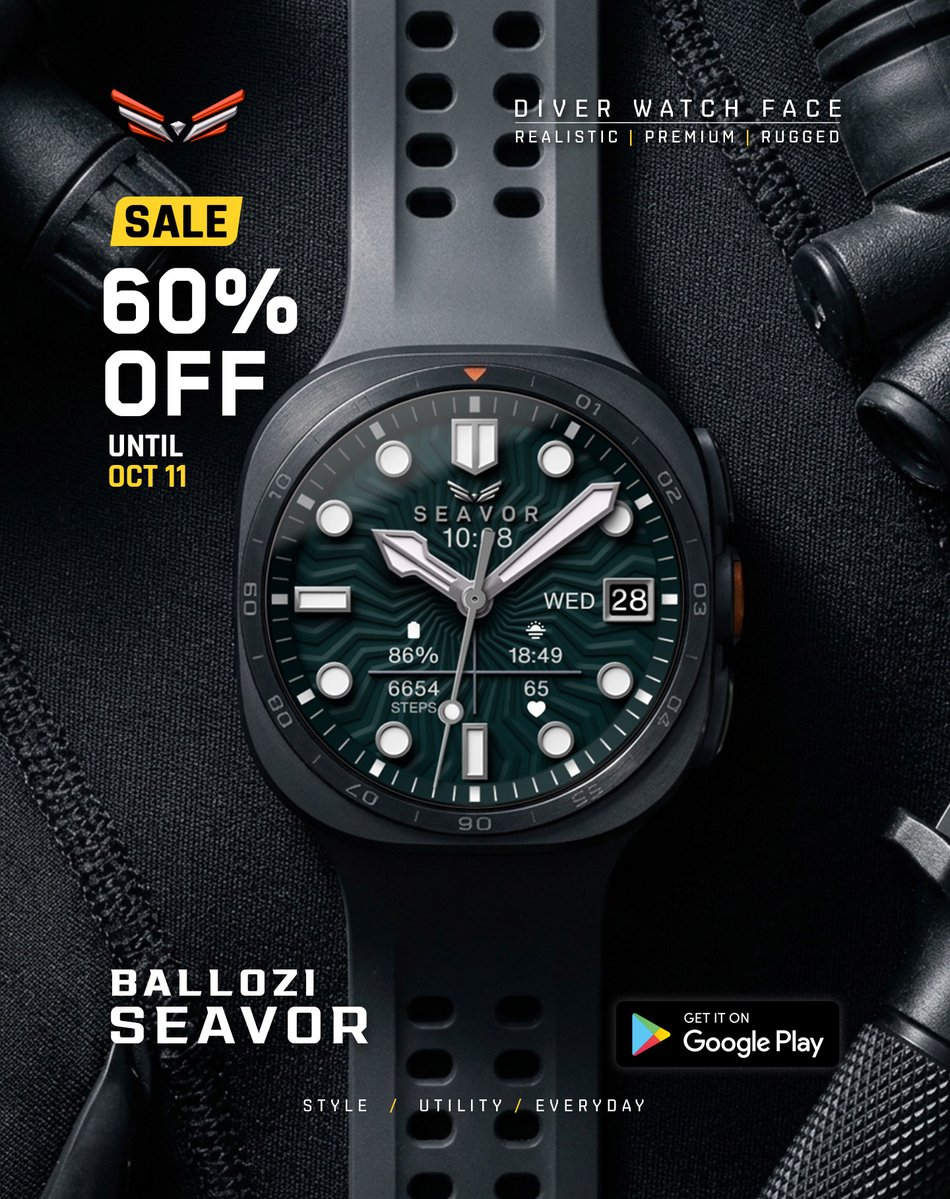 Ballozi_WF's tweet photo. Get the updated BLZ SEAVOR at 60%!
Promo ends October 11!
Available in the Play Store: https://t.co/Dza57DtRJY
#WearOS #WearOSbyGoogle #watchface #watchfaces #WatchFaceDesign #WatchFaceOfTheDay #Smartwatch #WearableTech #Wearables https://t.co/cDYSG5iLvx