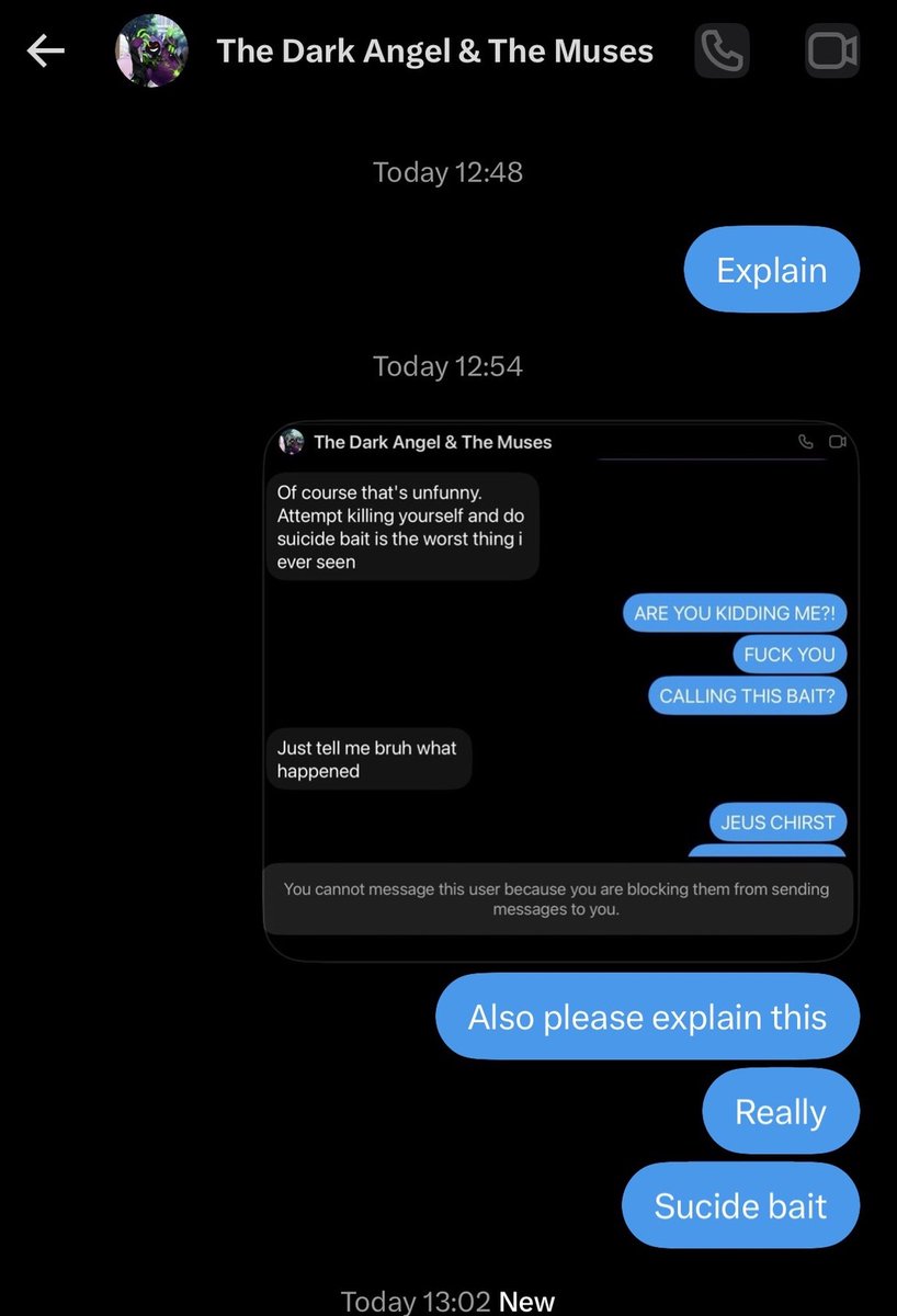 LilSisFlan's tweet photo. https://t.co/KkTzevd89W

@Ex_LightOfDawn You might be the biggest idiot ever dude and it surprises me you are an adult to start with.
Do not fucking call my oomf's suicide attempt "Suicidebait", also:

"That makes anyone worried" Because they could have died????

+ https://t.co/JjlxE62Vnp
