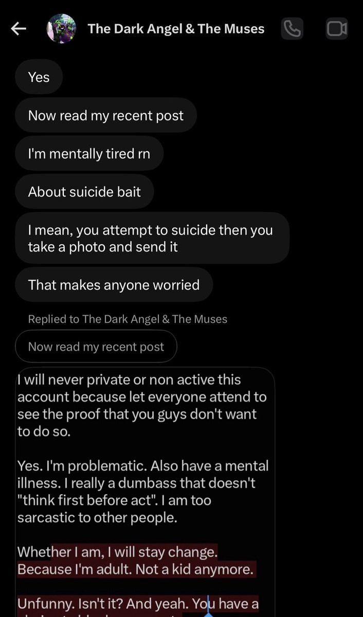 LilSisFlan's tweet photo. https://t.co/KkTzevd89W

@Ex_LightOfDawn You might be the biggest idiot ever dude and it surprises me you are an adult to start with.
Do not fucking call my oomf's suicide attempt "Suicidebait", also:

"That makes anyone worried" Because they could have died????

+ https://t.co/JjlxE62Vnp