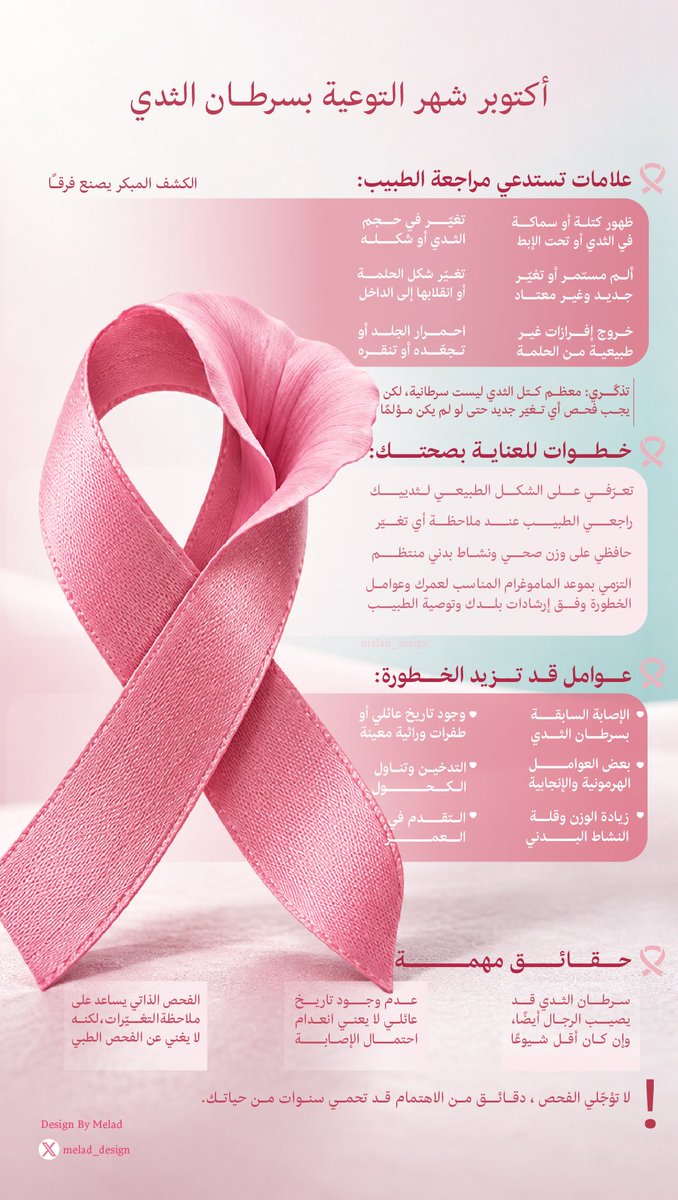 melad_design1's tweet photo. أكتوبر الوردي  🎀

اكتوبر هو شهر التوعية بسرطان الثدي 

صممت هذا الإنفوجرافيك للتوعية ببعض العلامات والتغيّرات التي من المهم الانتباه لها، مع تذكير بأهمية الفحص المبكر وعدم تجاهل أي تغيّر غير معتاد.

لأن الوعي يبدأ بالمعلومة، 
والمعلومة في الوقت المناسب قد تصنع فرقًا كبيرًا. 🤍

 #التوعية_بسرطان_الثدي #سرطان_الثدي #انفوجرافيك 

@dam_designers 
@Designers_Sup