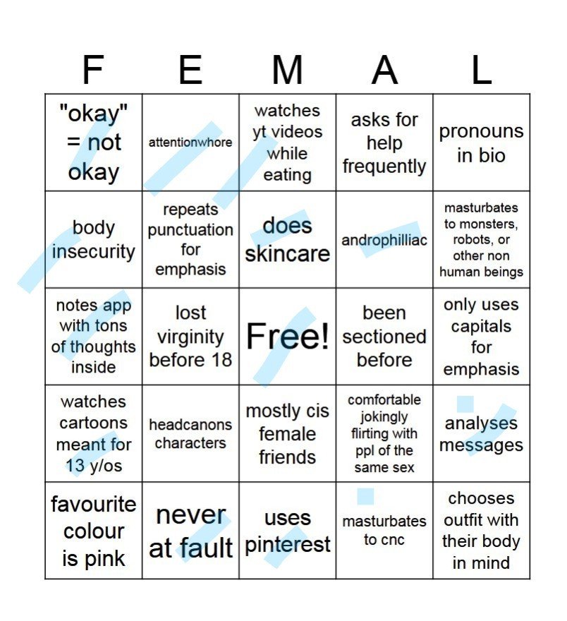 ropeychan's tweet photo. Fem brained bingo from the board https://t.co/7YzTVlY0gQ