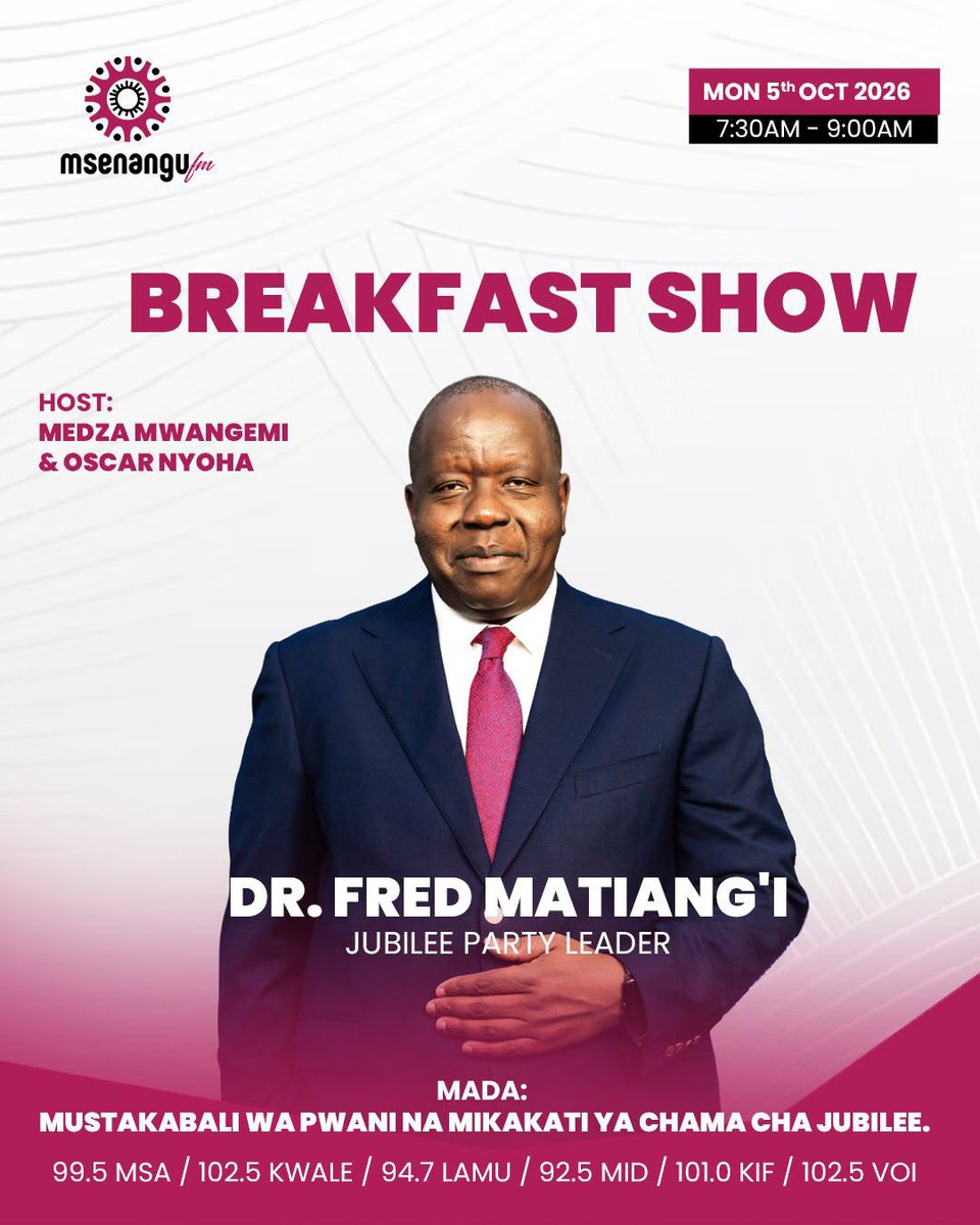 RealMatiangi's tweet photo. Tomorrow morning, I will join Medza Mwangemi and Oscar Nyoha on Msenangu FM’s Breakfast Show in Nyali, Mombasa, for a conversation on the State of the Nation.

We will reflect on where we are as a country, the pressing issues affecting our people, and the path we must chart towards a more secure, prosperous and united Kenya.

Monday, 5th October 2026 | 7:30 AM – 9:00 AM

Tune in.