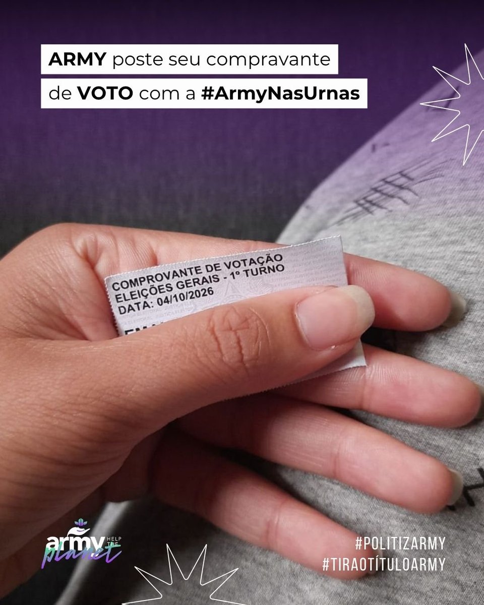 ARMY_HTP's tweet photo. 💜 ARMYs! 

🚨 Hoje o dia é muito importante, é dia de exercer nossa cidadania e o direito ao voto!

Nossas adms já estão votando!!

Deposite aqui seu comprovante de voto (sempre cobrindo seus dados) ⬇️

BORA VOTAR ARMY 

#ArmyNasUrnas #TiraOTítuloArmy #PolitizArmy https://t.co/GF7pM5DIj4