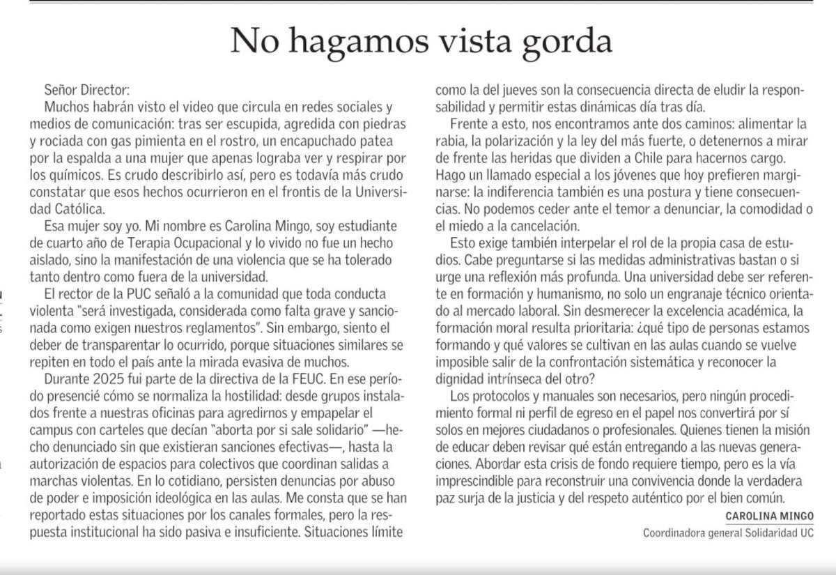 kevinestebancg's tweet photo. Esta columna de Carolina Mingo (la joven agredida en la marcha del jueves) da en el clavo. Llevamos mucho tiempo dejando que en las instituciones de educación superior se infiltre la violencia y la cancelación, mientras las autoridades no hacen lo suficiente para evitarlo. https://t.co/Eqmlx5xX0j