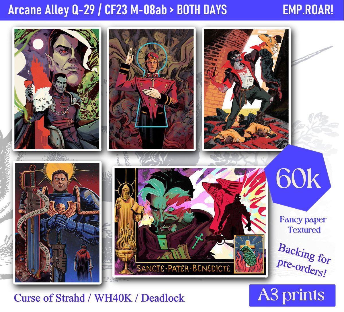 emp_roar's tweet photo. 🔥likes &amp; rts are appreciated

 #CF23 #ArcaneAlley Catalogue by EMPROAR!  
📍Circle “MYTHPUNK Collective”
🦄Booth number: Q-29 (AA), M-08 (Comifuro23)
📦Pick Up (Day 1&amp;2)
📷Fandom: Curse of Strahd (DnD), Deadlock, Wh40k, Originals
✨
Order at: https://t.co/1WXSQrnUG9 https://t.co/ev4yQMczDD