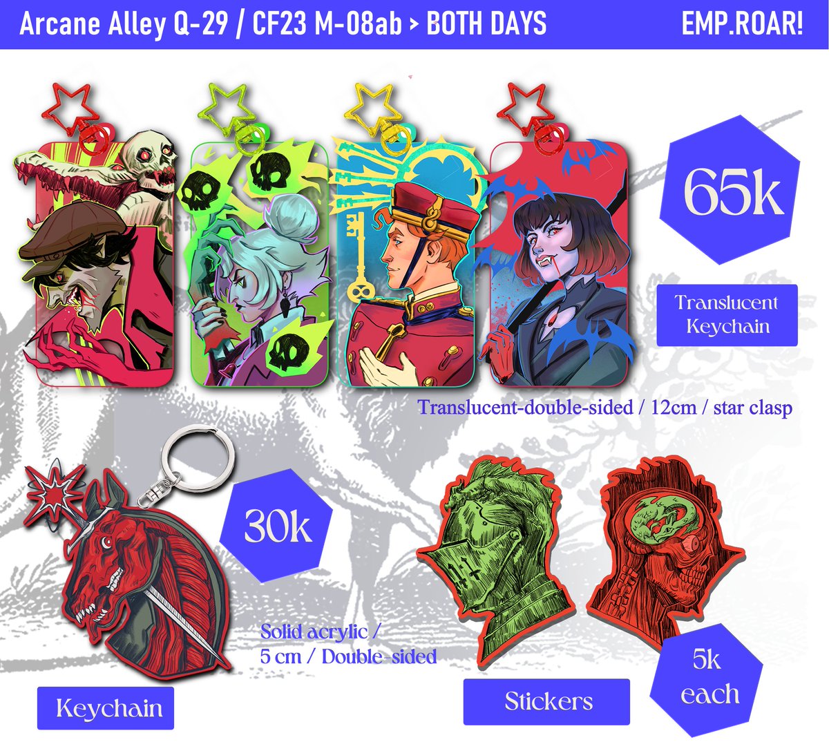 emp_roar's tweet photo. 🔥likes &amp; rts are appreciated

 #CF23 #ArcaneAlley Catalogue by EMPROAR!  
📍Circle “MYTHPUNK Collective”
🦄Booth number: Q-29 (AA), M-08 (Comifuro23)
📦Pick Up (Day 1&amp;2)
📷Fandom: Curse of Strahd (DnD), Deadlock, Wh40k, Originals
✨
Order at: https://t.co/1WXSQrnUG9 https://t.co/ev4yQMczDD
