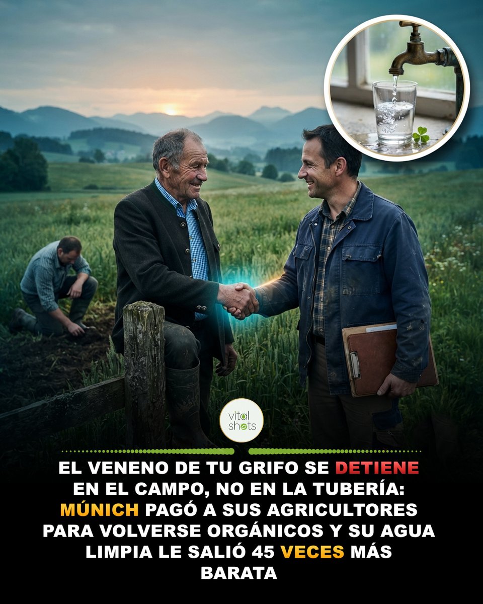 Vitalizate_ya's tweet photo. EL ESCUDO VIVO QUE MÚNICH ELIGIÓ EN VEZ DE UNA PLANTA DE FILTRADO

A comienzos de los años noventa, los técnicos que vigilaban el agua de Múnich vieron subir las líneas de la gráfica: nitratos y restos de pesticidas se colaban poco a poco desde los campos del valle de Mangfall, de donde sale buena parte del agua que bebe la ciudad. La solución obvia estaba sobre la mesa: construir una gran planta para filtrar y tratar todo aquello. Tecnología cara, mantenimiento eterno y una factura que pagarían los vecinos año tras año.

El servicio público municipal hizo las cuentas, y las cuentas incomodaron a más de uno. Según la comparación que recogen los expertos de Solagro, el programa de agricultura orgánica costaba cerca de 0,01 euros por metro cúbico, frente a unos 0,3 euros por metro cúbico del tratamiento (la cifra viene de un caso francés usado como referencia). Esa es la diferencia que resume el titular: unas 30 veces menos.

Entonces la ciudad hizo algo que parecía una locura administrativa. En lugar de pelearse con los agricultores, se sentó a su lado. Apoyó la transición a lo orgánico, ayudó con los costos de certificación y las inversiones, y compensó los ingresos que se perdían durante los años difíciles de la transición, cuando la tierra todavía se estaba recuperando y la cosecha aún no tenía el sello que le permite cobrar más. El mensaje era claro: tu éxito es nuestra agua limpia.

El enemigo en esta historia no eran los campesinos. Era una lógica: la de gastar fortunas en reparar el daño al final de la tubería, mientras se ignora lo que ocurre en el origen. Cada euro invertido en tratar el agua contaminada es un euro que nunca vuelve al suelo. Cada euro invertido en el suelo trabaja todos los días, sin facturas de mantenimiento y sin que nadie tenga que accionar un interruptor.

Con los años, unas 185 granjas se sumaron al programa. El suelo cubierto por cultivo orgánico creció, los pesticidas medidos en los años noventa se quedaron en el peor de los casos en 0,065 microgramos por litro, muy por debajo del límite de la Unión Europea de 0,5, y Múnich se convirtió en el ejemplo que citan ingenieros, economistas y ambientalistas cuando quieren demostrar que cuidar la naturaleza no es un lujo sentimental, sino una decisión de contabilidad.

Porque lo que pasa en el campo termina, tarde o temprano, en el vaso. Una revisión científica publicada en 2024 describe cómo diversos contaminantes orgánicos emergentes, entre ellos residuos de plaguicidas, pueden llegar a los sistemas de agua potable y suman a la ingesta humana diaria, y señala la necesidad de seguir investigando sus posibles efectos a largo plazo en la salud. No es motivo de pánico. Es motivo de mirar con otros ojos de dónde viene lo que bebemos y lo que comemos.

Lo mejor es que no necesitas ser alcalde para aplicar esta lógica en tu casa. Puedes empezar con un protocolo muy sencillo. Primero, pide a tu proveedor de agua su informe anual de calidad: en muchos lugares es público y detalla qué sustancias se miden. Segundo, si quieres una capa extra de tranquilidad, usa un filtro de carbón activado con certificación y cámbialo con la frecuencia que indique el fabricante, porque un cartucho viejo deja de hacer su trabajo. Tercero, lava frutas y verduras bajo el chorro de agua durante unos 30 segundos, frotando suavemente la piel cuando sea posible. Cuarto, elige orgánico o de productor local en los alimentos que más consumes a diario y, si el presupuesto es ajustado, prioriza esos y no todo el carrito. Quinto, conversa con quienes te venden la comida: pregunta cómo la cultivan. Esa pregunta, repetida por muchas personas, mueve mercados.

Múnich demostró algo que pocas ciudades se atreven a creer: que a veces la solución más inteligente es también la más humana. Pagar a quien cuida la tierra sale más barato que pagar por limpiar lo que se ensució, y deja de regalo un valle vivo, campos más sanos y un agua que sigue naciendo limpia desde su origen.

📚 Fuente: Marumure J, Simbanegavi TT, Makuvara Z et al.. Chemosphere. «Contaminantes orgánicos emergentes en los sistemas de agua potable: ingesta humana, riesgos emergentes para la salud y futuras líneas de investigación.» 2024. PMID: 38554874.

📚 Fuente: Meiffren & Pointereau (Solagro), «Munich: Promoting organic agriculture to avoid treating water», Global Watersheds, 6 oct. 2009,También: FarmPath (Hutton Institute), «Groundwater protection through organic farming in the Mangfall Valley (Germany)»