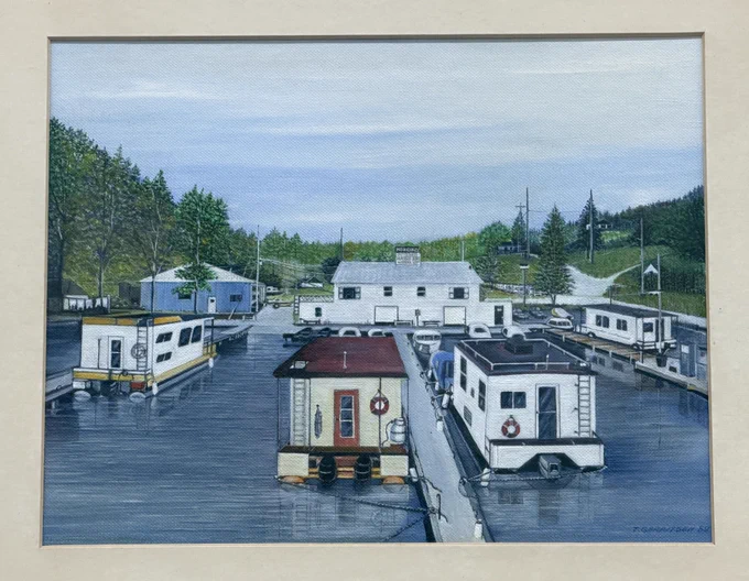 1989 painting by Tony Gerritsen of the Harris Boat Works marina, showing houseboats docked in the foreground and the white boathouse with a Mercury Outboards sign behind them.