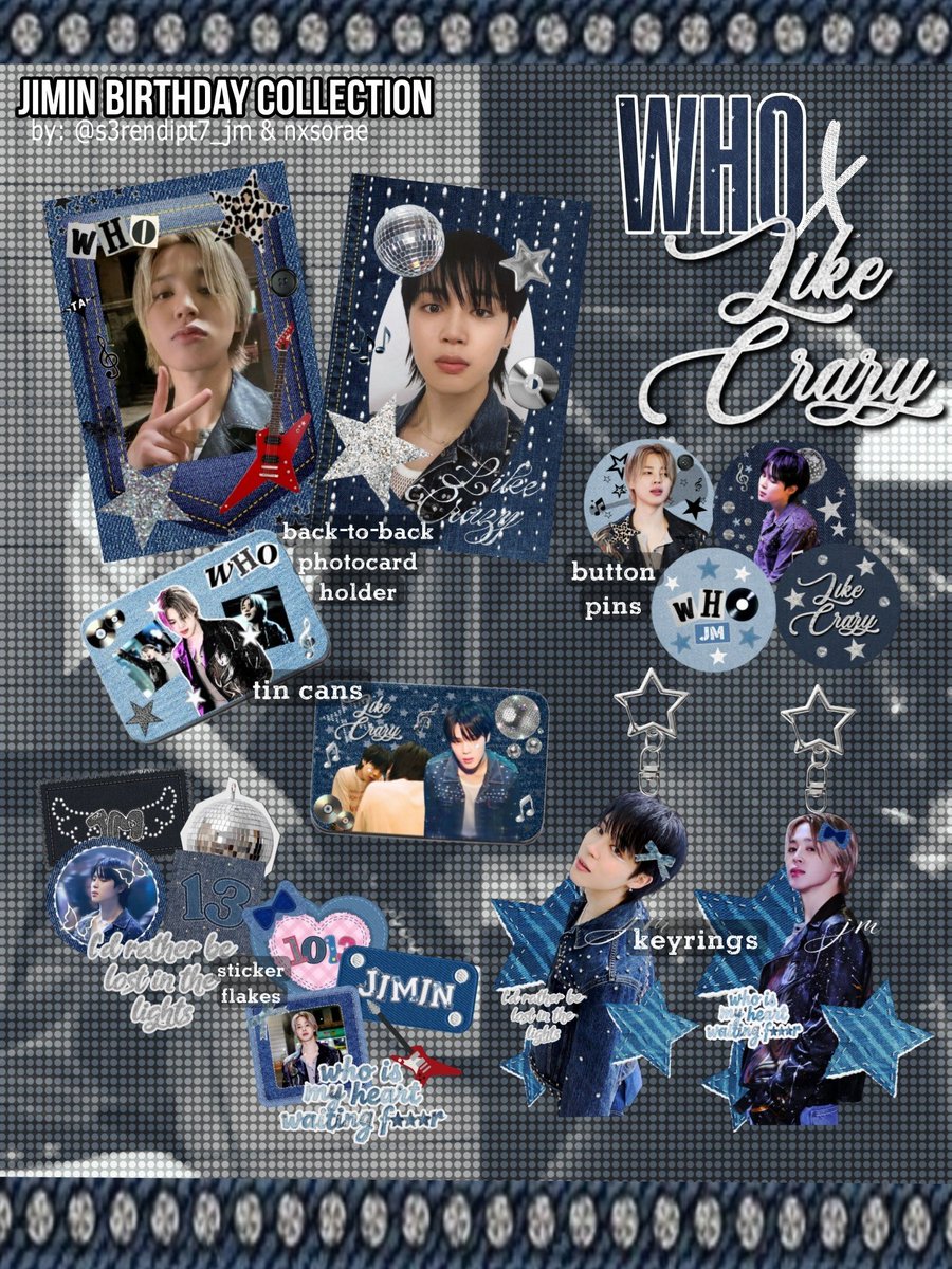 nxsorae's tweet photo. 𝐉𝐢𝐦𝐢𝐧 𝐁𝐢𝐫𝐭𝐡𝐝𝐚𝐲 𝐂𝐨𝐥𝐥𝐞𝐜𝐭𝐢𝐨𝐧 — 𝗜𝗻𝘁𝗲𝗿𝗲𝘀𝘁 𝗖𝗵𝗲𝗰𝗸 ! 👀

˚˖𓍢ִ໋  Denim Theme 🪩 🎸 
      𝘞𝘩𝘰 𝘹 𝘓𝘪𝘬𝘦 𝘊𝘳𝘢𝘻𝘺

COLLECTION INCLUDES ::

⟡ Photocard Holder
⟡ Keychains
⟡ Sticker Flakes
⟡ Tin Cans
⟡ Button Pins

MINIMUM ORDERS: 10 inch to push through

𝘪𝘯𝘵𝘦𝘳𝘦𝘴𝘵𝘦𝘥? ˙⋆✮
reply “INCH” below! 

rts & likes are highly appreciated! 🫶🏻
