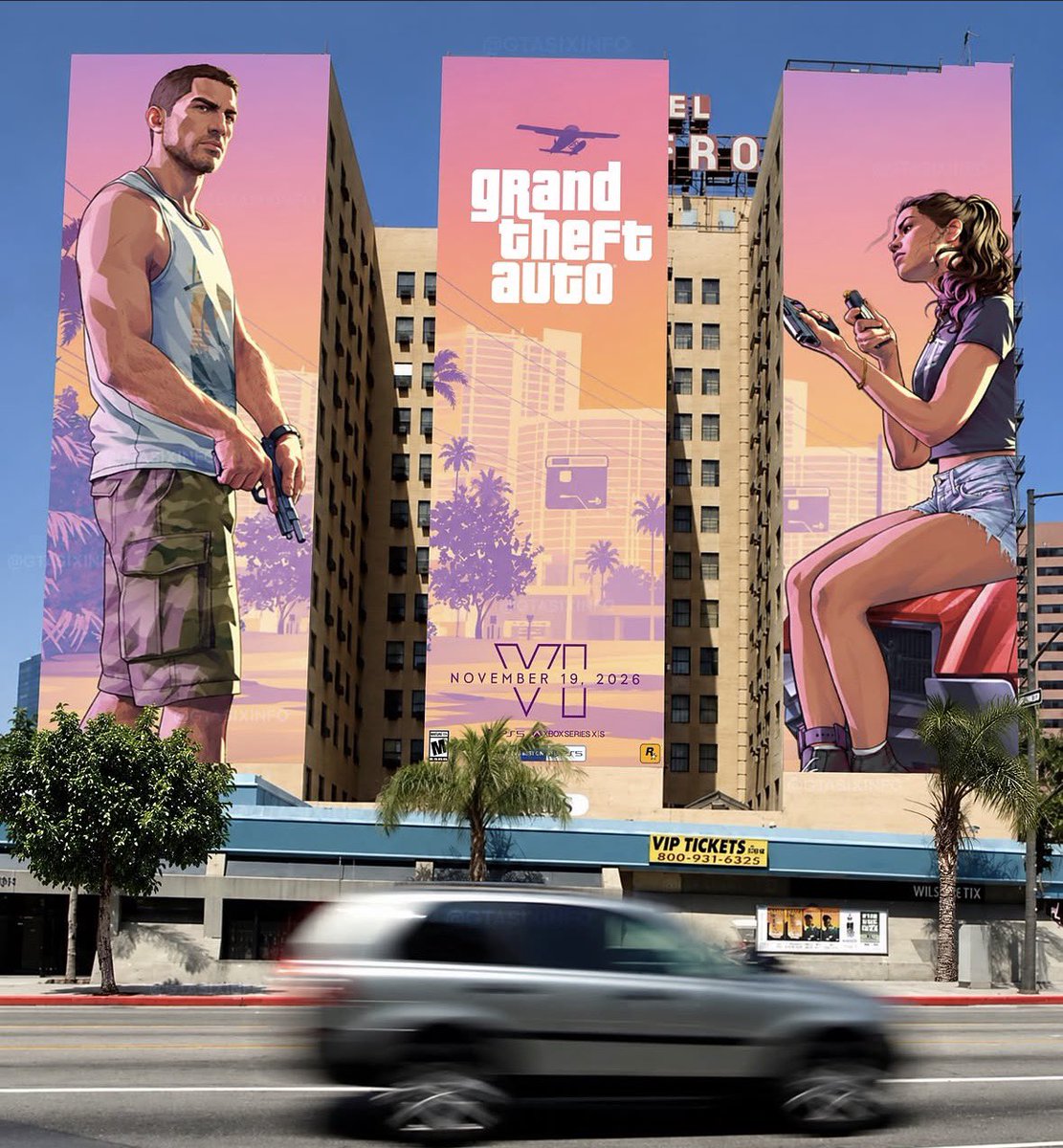 GTAonthestreet's tweet photo. Had to see what #GTA6 would look like on #HotelFigueroa. https://t.co/eMUxIrwFlL