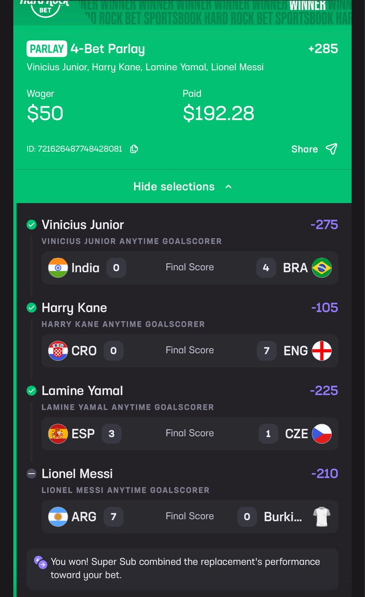 worldclasszo's tweet photo. @JustinDeBarros_ @HardRockBet So Hard Rock decided to pay out the Vinicius Junior bets on certain tickets but it still counts as a loss on mines. I swear this app is a scam! https://t.co/eVreEYbkU6