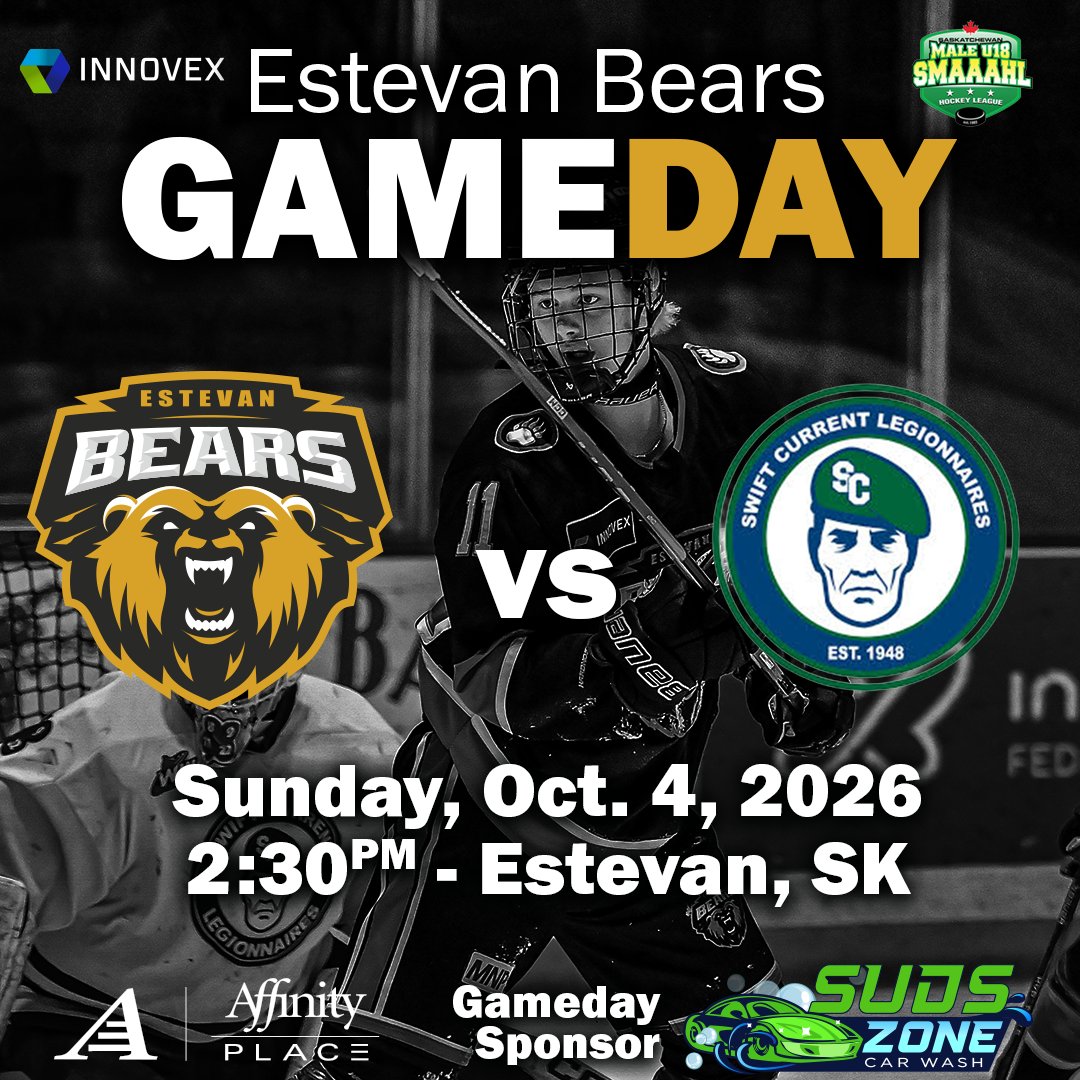 EstevanBears's tweet photo. 🔁 GAMEDAY! 🐻

The Innovex Estevan Bears and Swift Current Legionnaires meet again this afternoon at Affinity Place!

📅 Sunday, October 4
🕝 2:30 PM
📍 Affinity Place | Estevan, SK
🚗 Game Sponsor: Suds Zone Car Wash
🎟️ https://t.co/IxbD9RERst https://t.co/MiyY73Wxn5
