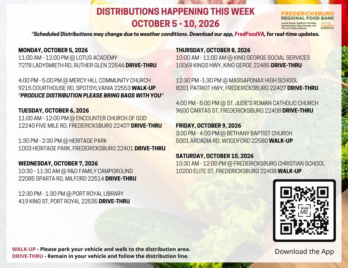 FredFoodVA's tweet photo. This week's distribution schedule is here! 📅
Get all the details on our Facebook page: https://t.co/nWZIaU5TEs or by downloading our free app, FREDFOODVA, on your smartphone. 📱 #FoodForAll #CommunitySupport https://t.co/KSbQ3gPZVO