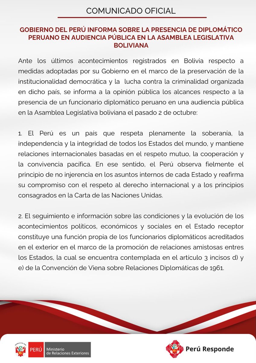 CancilleriaPeru's tweet photo. 📄Comunicado oficial: Gobierno del Perú informa sobre la presencia de diplomático peruano en audiencia pública en la Asamblea Legislativa boliviana

👉🏻https://t.co/kwxaDhdKEb https://t.co/ymchhVrPB4