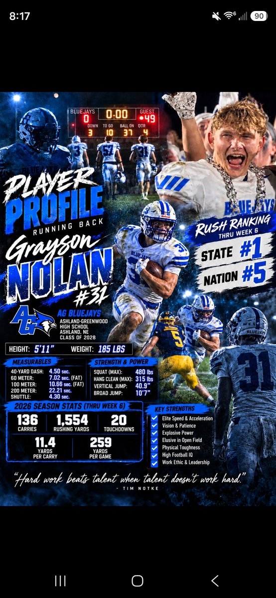 Grayson_Nolan31's tweet photo. WEEK 6
BLUEJAYS WIN 49–0
Class C-1 #1
BITTERSWEET VICTORY!
We lost our QB for the year with a terrible injury.
Hang tough bud, we are bringing the hardware home for you.
@WaveGCerny #11
#speedyrecovery
#31 @Grayson_Nolan31
#mission2memorial
Check out Highlights!
https://t.co/lIZd5L6uJK
Week 6: 18 CAR | 249 YDS | 4 TD
Season: 136 CAR | 1,554 YDS |
20 TD
11.4 YPC | 259 YPG
@BarrettK54
@CoachEJBarthel
@CoachJJ_Cyclone
@AGBluejayFball
@jeremycrabtree
@ElevateRecruits
@THEnebpreps
@NENextt
@HuskerlandBob
@LockedIn_OscarG
@TheXplosiveEdge
@HurrdatSports
@HuskerFootball
@CycloneFB
@Bobby_Schneid