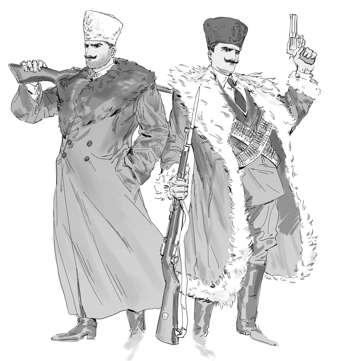 Shuelain157498's tweet photo. Kılıç Ali and Salih Bozok
Ataturk's super bodyguards and good friends:) i really like the fasion style during Kurtuluș Savașı 
bad at drawing guns forgive me 
references: their real photos https://t.co/RM8oVFWs1d