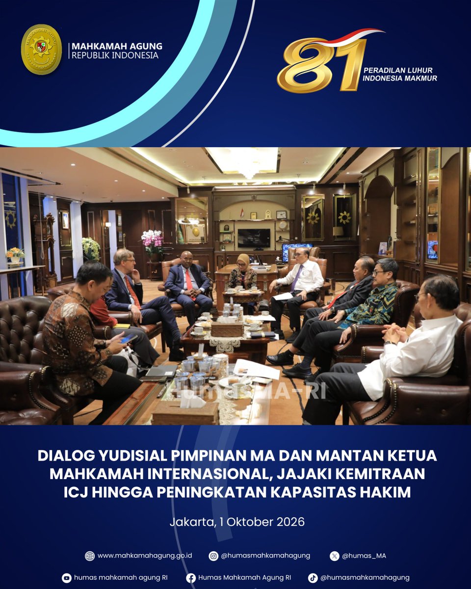 Humas_MA's tweet photo. DIALOG YUDISIAL PIMPINAN MA DAN MANTAN KETUA MAHKAMAH INTERNASIONAL, JAJAKI KEMITRAAN ICJ HINGGA PENINGKATAN KAPASITAS HAKIM

Berita selengkapnya silahkan klik https://t.co/d7GsPU3gzH atau kunjungi website resmi Mahkamah Agung RI di https://t.co/Jza3JsYw5Q untuk berita lainnya. https://t.co/NtzP5PtdTE