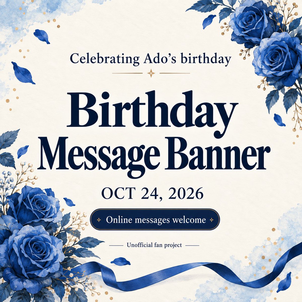 eyekvirthus's tweet photo. An unofficial fan project for Ado's birthday!
Add a message to our banner on Oct 24 in Tokyo (Oct 25 TBD).
Can't attend? Send a message by Oct 18, 23:59 JST.
Details:
https://t.co/lLFqnmkrB4
#Adobanner https://t.co/grJL4iLtdQ