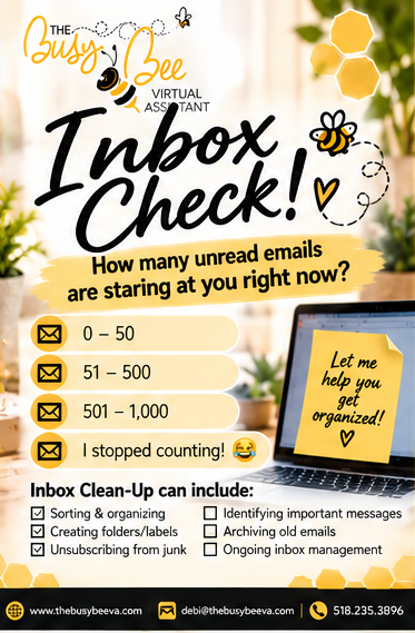 TheBusyBeeVA's tweet photo. Inbox Check! Be honest…how many unread emails are staring at you right now? If just opening your inbox feels overwhelming, I can help you. And YES—you can hire me for a one-time Inbox Clean-Up. You don't need to commit to ongoing VA services. #EmailManagement #TheBusyBeeVA https://t.co/a8sM63uQzy