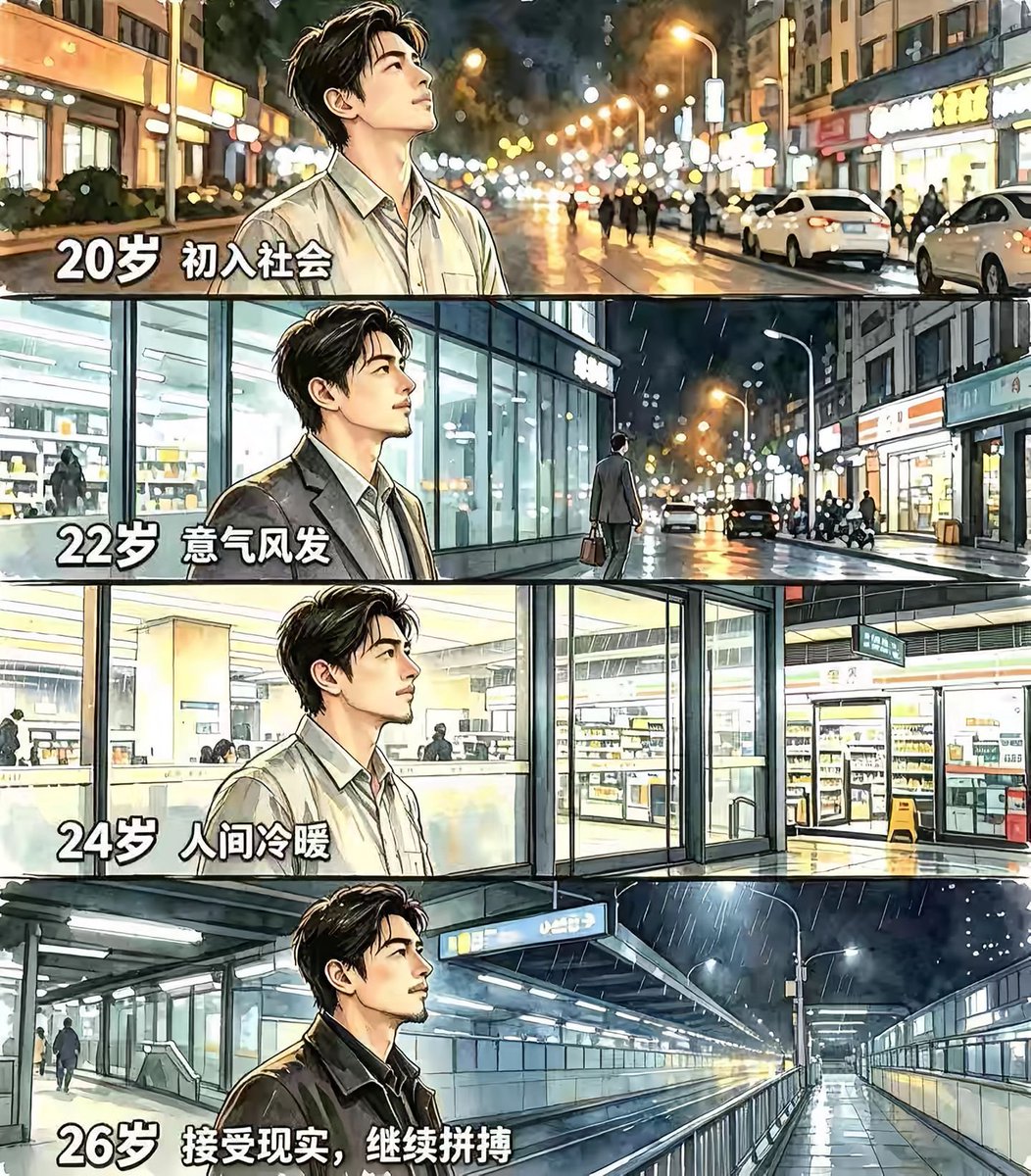 taacon766's tweet photo. 20岁|满怀憧憬，踏入人间

22岁|一腔热血，意气风发

24岁|历经风雨，读懂冷暖

26岁|沉淀内心，奔赴前路

可是30岁呢？ https://t.co/5RaFJBvHuA