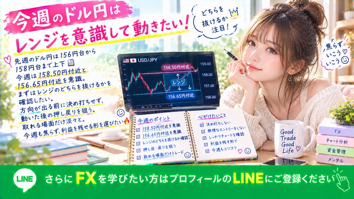 yuzukichan0204's tweet photo. 先週のドル円は156円台から158円台まで上下📊 今週は158.50円付近と156.65円付近を意識。まずはレンジのどちらを抜けるかを確認したい。方向が出る前に決め打ちせず、動いた後の押し戻りを狙う。取れる場面だけ淡々と。今週も焦らず、利益を残せる形を選びたい🔥 https://t.co/F37mAnwn7m