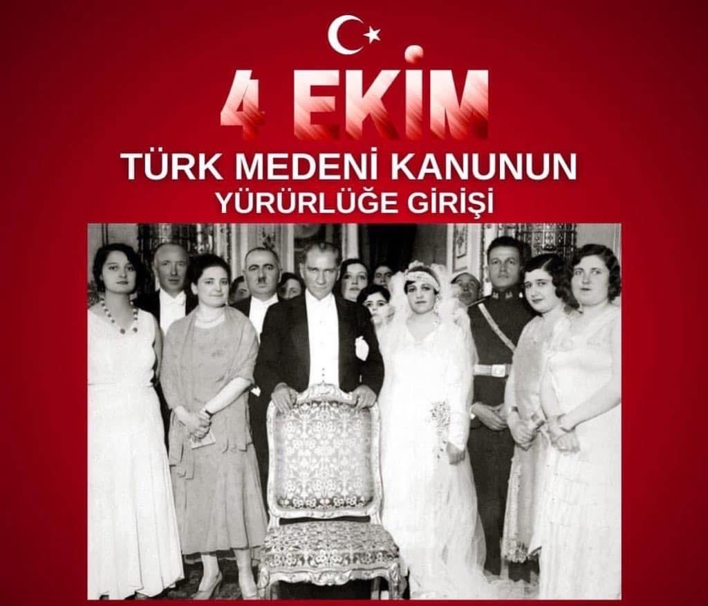 anilyesiil's tweet photo. Türk Medeni Kanunu aile hukuku,miras hukuku, kişiler hukuku gibi konularda kapsamlı reformlar yapmıştır. Kadınlara erkeklerle eşit miras hakkı tanınmış, boşanma ve evlenme konularında modern düzenlemeler getirilmiştir.

4 Ekim Türk Medeni Kanunun Yürürlüğe giriş günü kutlu olsun. https://t.co/iI3IBiDCOP
