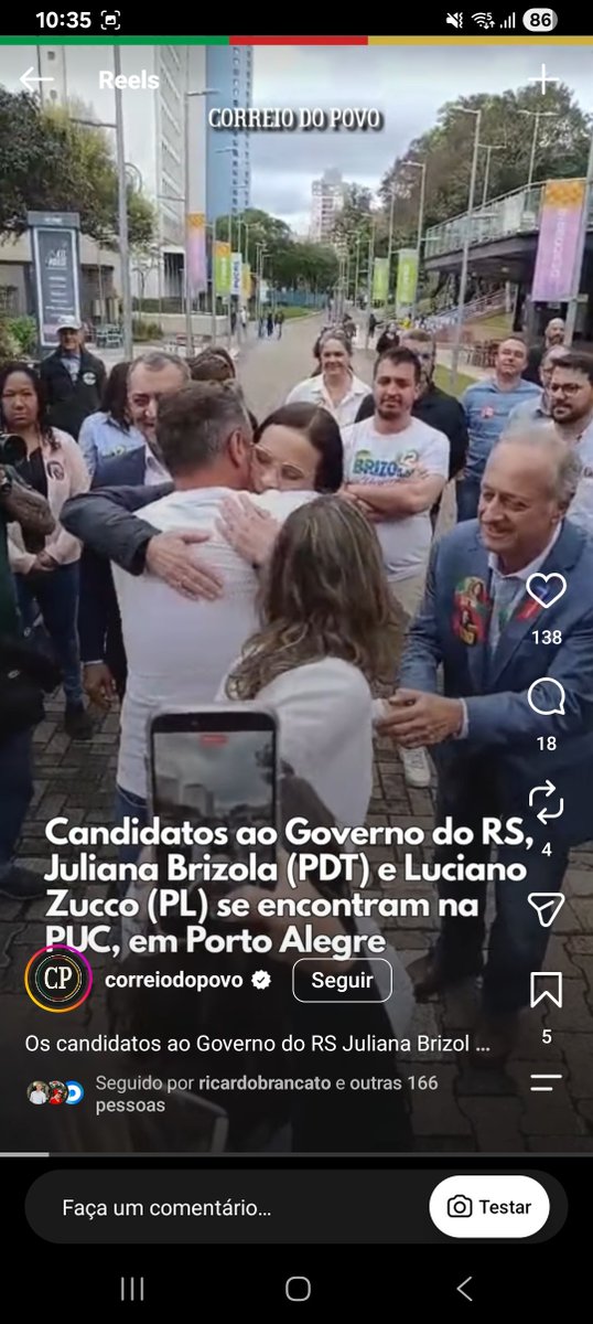 Fpuhlmann's tweet photo. Parabéns para vcs que acreditam realmente que essa é a candidata certa para combater o fascismo no RS! Um abraço sintomático que mostra a relação da Juliana com o Zucco. https://t.co/HizjDEIcp5