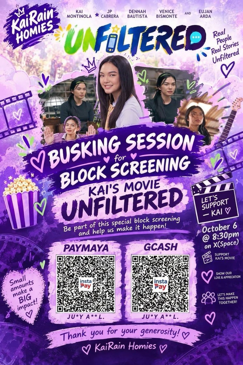 KAIRAINStream's tweet photo. We’re back at it! Let’s make some noise, Homies!💜 

Join us for our Busking Session on X Space! 🎶 Let's support Kai’s movie Unfiltered and make this block screening happen! 💜🍿
🗓️ October 6 @ 8:30 PM
🎙️ X (Space) https://t.co/aIznrrRHtX