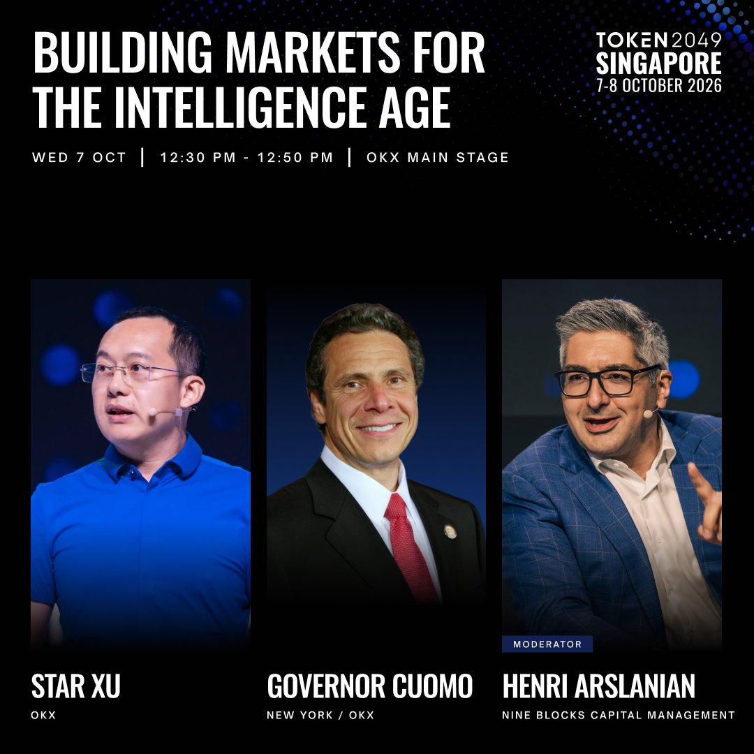 token2049's tweet photo. Building markets for the intelligence age.

Next week, @star_okx of @OKX and Former NY Governor &amp; OKX Board Director @andrewcuomo take the TOKEN2049 main stage, with @HenriArslanian.

Wed 7 Oct · 12:30 PM · OKX Main Stage https://t.co/6SFBFTkX44