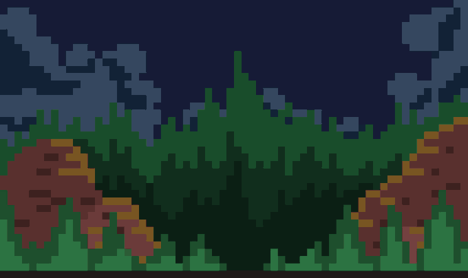 A pixel art scene depicting a dark, blocky landscape with green trees, blue sky, and two reddish-brown cave-like structures or mountains in the foreground.
