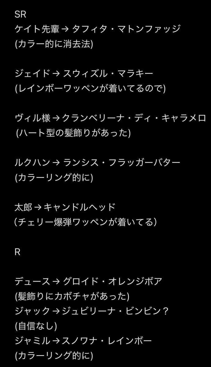 Myo_0205_'s tweet photo. ハロウィンSR＋Rキャラのレーサーモチーフ予想メモ

※自分用 https://t.co/ELT4Bm5AIx