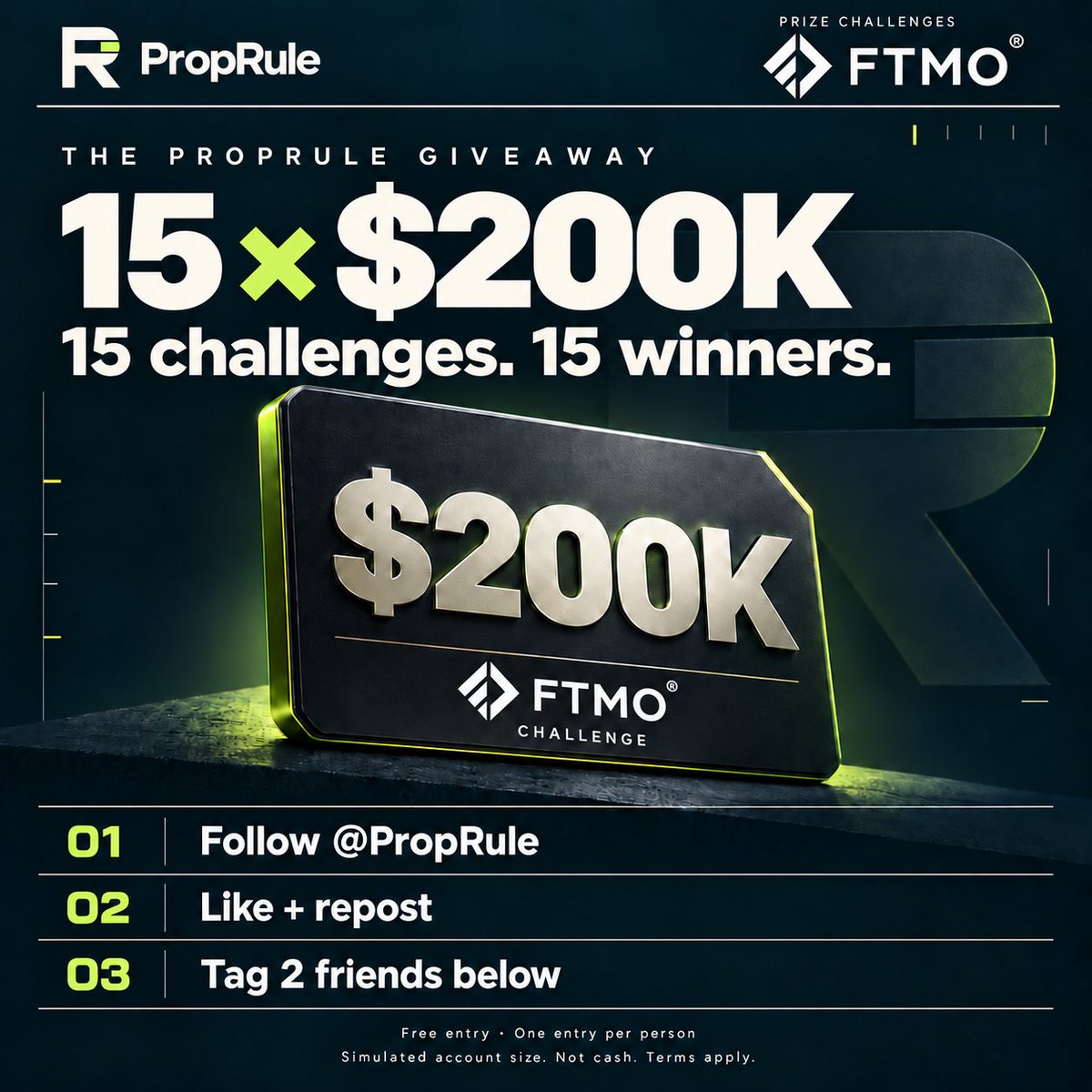 PropRule's tweet photo. 🎁 15 × $200K FTMO Challenges. 15 winners.

To enter:
• Follow @PropRule
• Like + repost
• Tag 2 friends below

Free entry. One entry/person.
Ends 11 Oct 2026, 20:59 UTC.

Simulated account size, not cash. Rules below. https://t.co/JCzJPSNev3