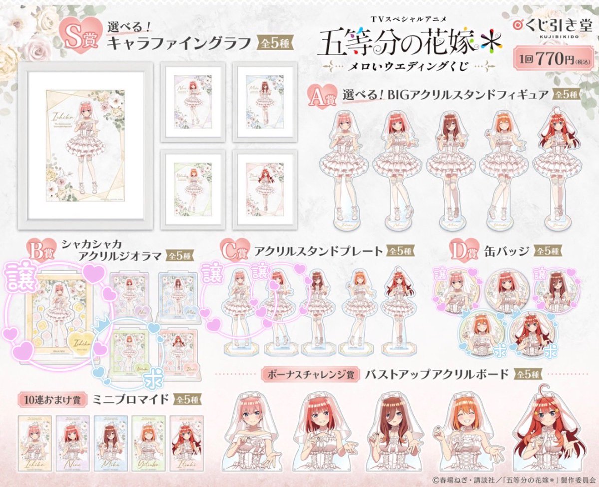 ngratf's tweet photo. 五等分の花嫁　メロいウェディングくじ

【譲】: B賞 シャカシャカアクリルジオラマ 一花、C賞 アクリルスタンドプレート 一花＆二乃、D賞 缶バッジ 一花×2＆三玖×2

【求】: B賞→四葉
C賞→四葉＆五月
D賞→四葉＆五月

C賞の二乃は五月との交換のみ。D賞は2:2〜のみ。

お気軽にお声掛けください！ https://t.co/o5vwRdmsxX