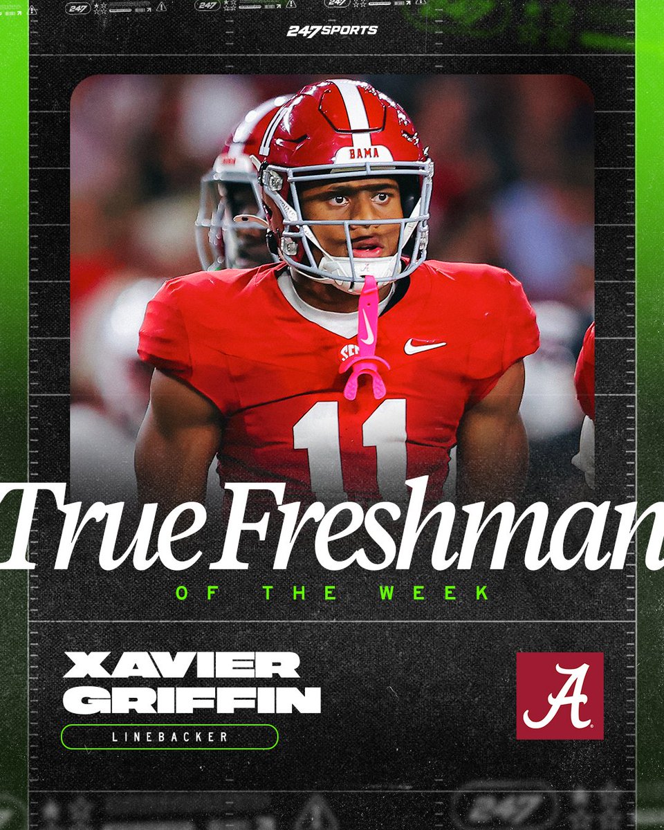 247Sports's tweet photo. Alabama LB Xavier Griffin is the 247Sports True Freshman of the Week 🐘

Griffin posted a team-high 9 tackles, recorded his first career sack, a quarterback hurry and added four pressures in a 56-23 win at Mississippi State.

https://t.co/krKEZ8PMXU https://t.co/xDcl0xDgtP