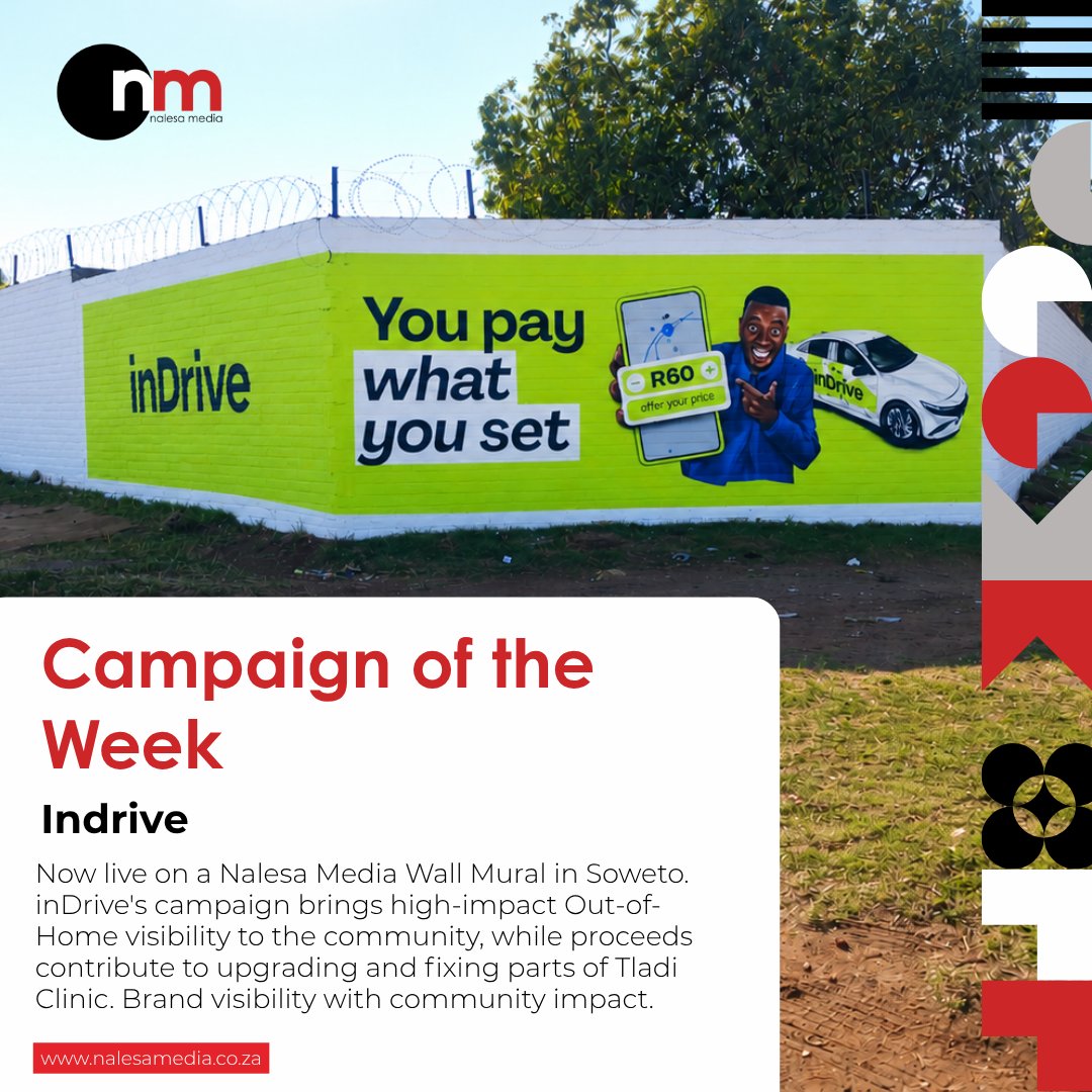 NalesaMedia's tweet photo. Now live on a Nalesa Media Wall Mural in Soweto.

inDrive's campaign forms part of a community upliftment project, with proceeds going towards upgrading and fixing parts of Tladi Clinic.

A campaign creating visibility with a purpose.

#NalesaMedia #inDrive #OOH #Soweto https://t.co/oCb2nuSkjG