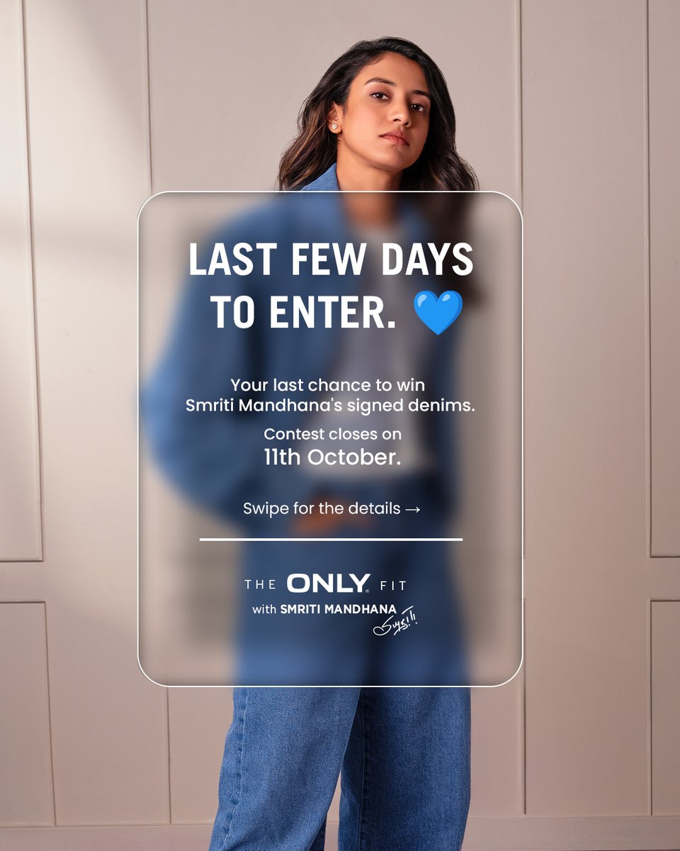 OnlyIndia's tweet photo. Your winning fit could be just a few steps away. 👖💙

5 lucky winners stand a chance to take home denims signed by Smriti Mandhana. ✍️✨

Ready to make them yours? Follow the guidelines and enter the #ONLYxSmritiMandhana contest.

Winners will be announced on 12th October.🏆💙 https://t.co/wlgmfnPg9X