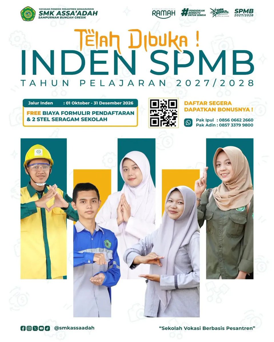 SMK_Assaadah's tweet photo. SPMB Tahun Pelajaran 2027/2028 — JALUR INDEN SUDAH DIBUKA!
Daftar online:
https://t.co/mdhXVYTJdF
atau scan QR Code pada poster.

📍 Pendaftaran offline:
Sekretariat SPMB SMK Assa’adah Bungah Gresik https://t.co/MZKGZa4cht