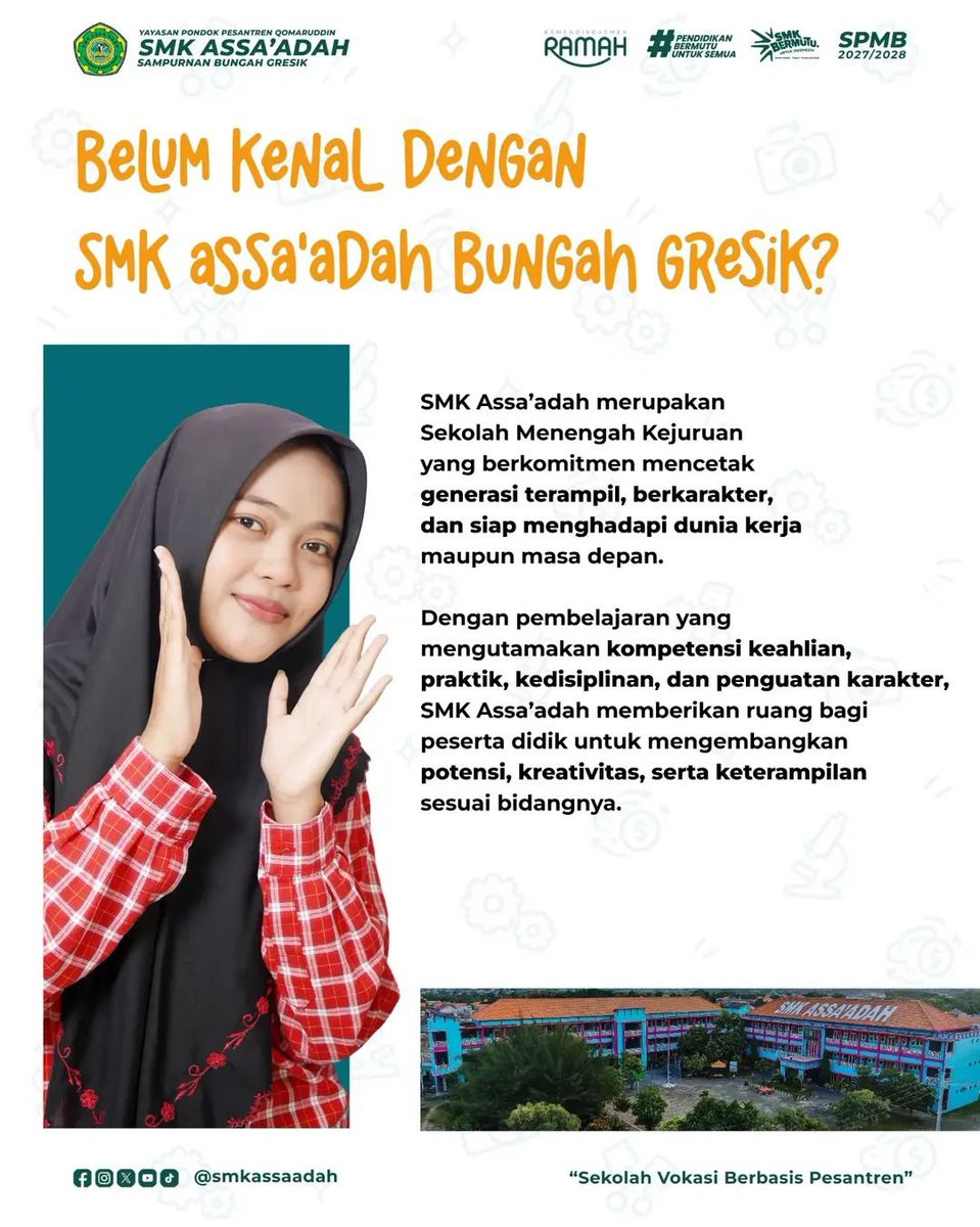 SMK_Assaadah's tweet photo. SPMB Tahun Pelajaran 2027/2028 — JALUR INDEN SUDAH DIBUKA!
Daftar online:
https://t.co/mdhXVYTJdF
atau scan QR Code pada poster.

📍 Pendaftaran offline:
Sekretariat SPMB SMK Assa’adah Bungah Gresik https://t.co/MZKGZa4cht