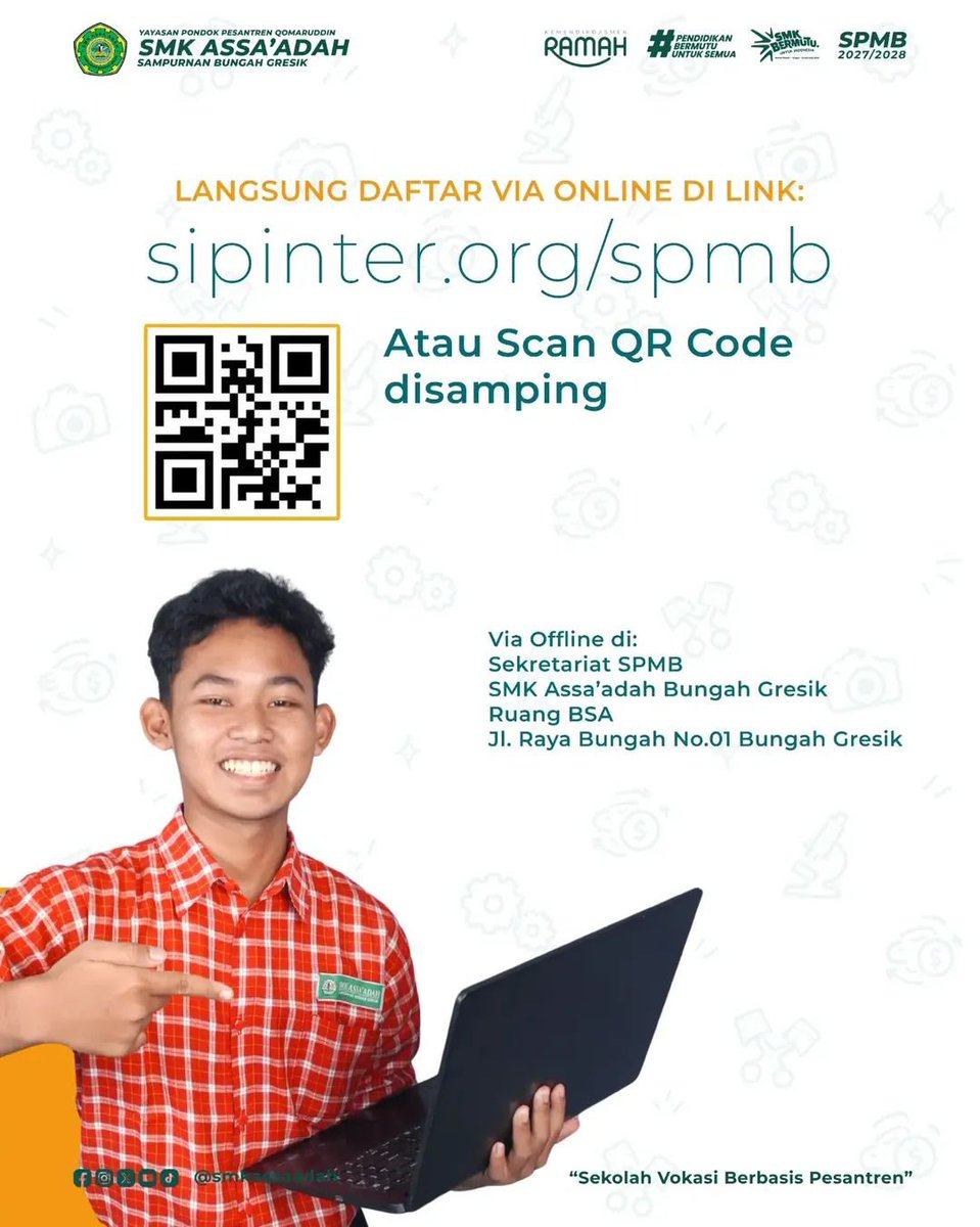 SMK_Assaadah's tweet photo. SPMB Tahun Pelajaran 2027/2028 — JALUR INDEN SUDAH DIBUKA!
Daftar online:
https://t.co/mdhXVYTJdF
atau scan QR Code pada poster.

📍 Pendaftaran offline:
Sekretariat SPMB SMK Assa’adah Bungah Gresik https://t.co/MZKGZa4cht