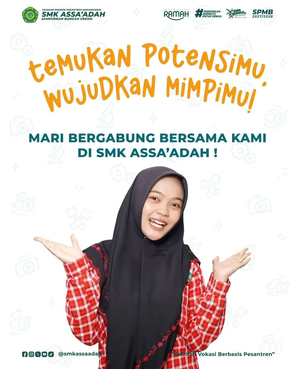 SMK_Assaadah's tweet photo. SPMB Tahun Pelajaran 2027/2028 — JALUR INDEN SUDAH DIBUKA!
Daftar online:
https://t.co/mdhXVYTJdF
atau scan QR Code pada poster.

📍 Pendaftaran offline:
Sekretariat SPMB SMK Assa’adah Bungah Gresik https://t.co/MZKGZa4cht