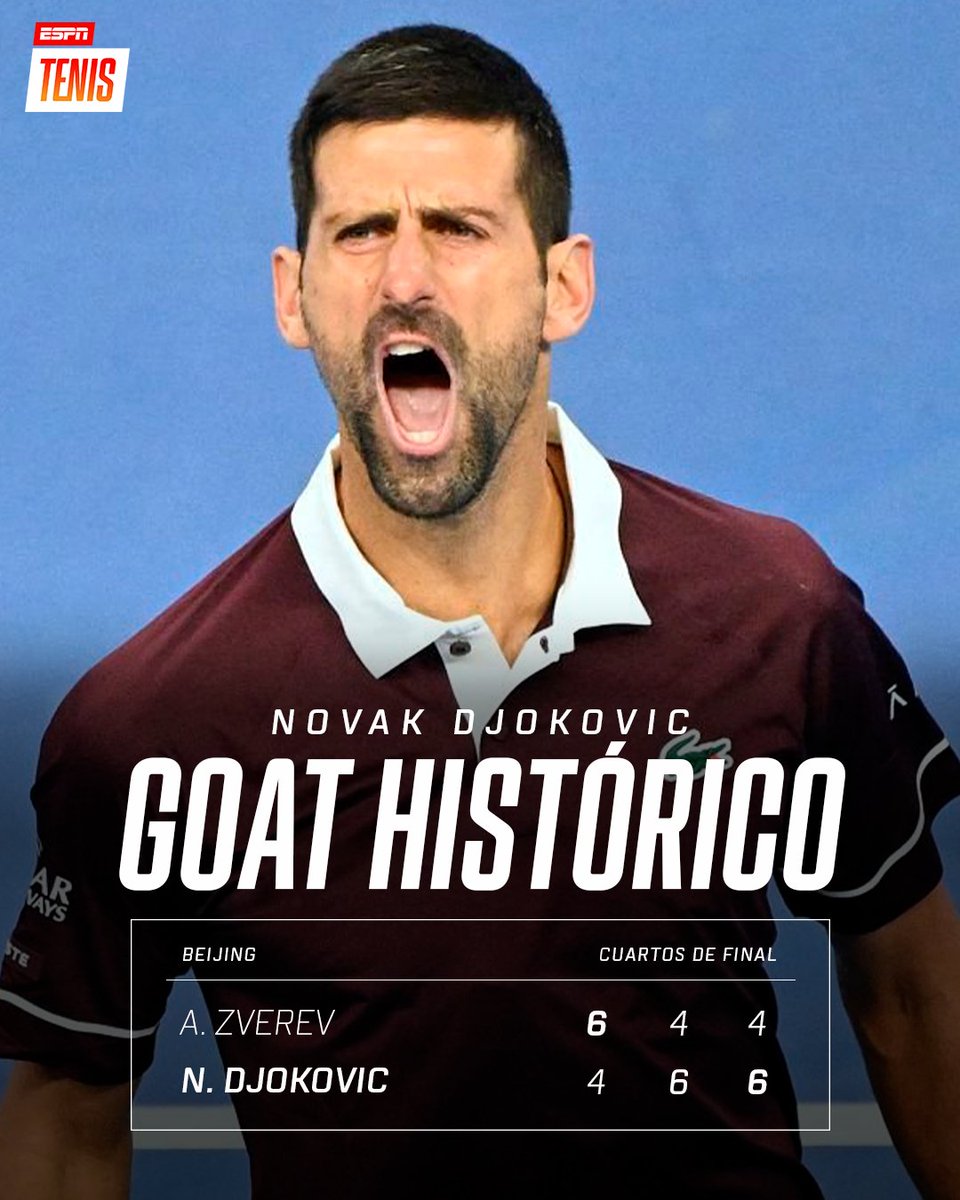 ESPNtenis's tweet photo. EL MEJOR DE TODOS LOS TIEMPOS. 🐐

Con tenis y corazón, 🇷🇸 Djokovic consiguió una heroica victoria por 4-6, 6-4 y 6-4 sobre 🇩🇪 Zverev para mantener su racha vigente en #Beijing y estirarla a 32-0. 

🇷🇺 Medvedev será su rival en semis del ATP 500. https://t.co/ugg2PKQLhG