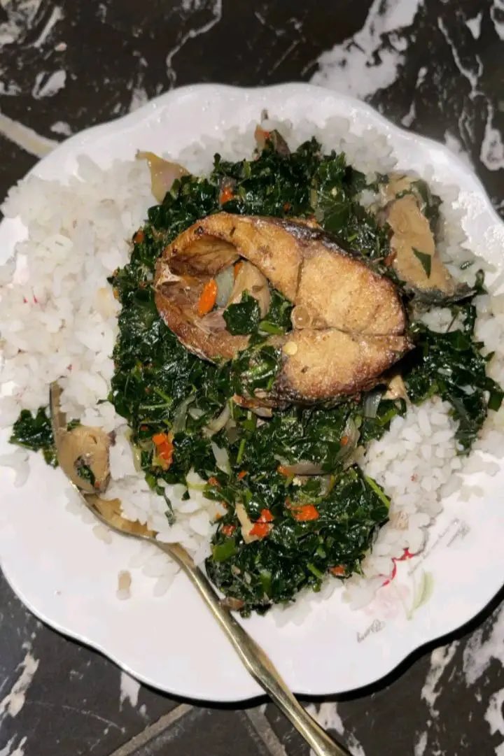 ArcBigTim_'s tweet photo. Sunday rice, green stew, fish on top. Come and join me, no shyness. 🥬🐟

Everybody is invited. Bring your appetite... 😄 Who's coming first? https://t.co/jwx1JYpp06