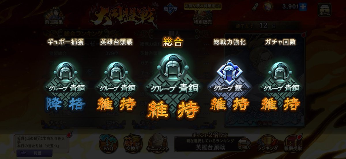 tikamasimasima's tweet photo. 大同盟戦の結果です！
#キンラン #キングダム乱 #大同盟戦 https://t.co/ypsnm30GB8