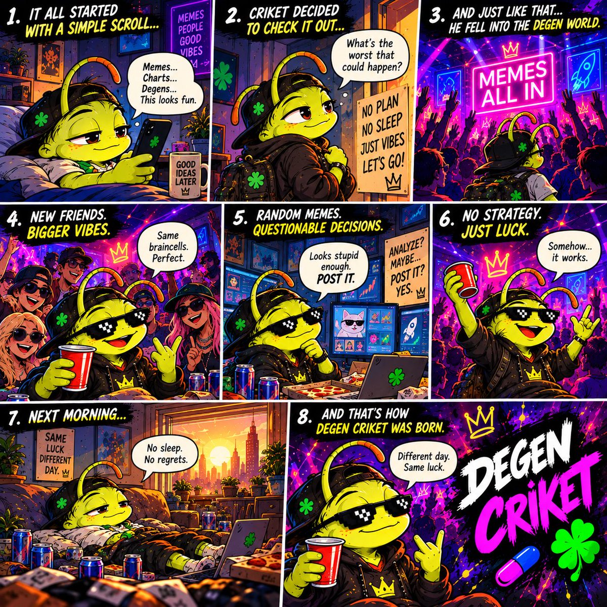 criketcoin's tweet photo. THE STORY BEHIND CARD #06 🦗🍀

So… this is how Degen Criket happened. 😂

One card. One story.
And this is only one chapter.

More from #06 is coming.

$CRIKET
#cryptocoin #criket #memecoin https://t.co/TuygETZjCG
