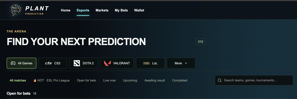 PlantPrediction's tweet photo. Just shipped an esports feed update on Plant Prediction

Live matches, open markets, upcoming fixtures and matches awaiting results now have their own sections. We’re showing upcoming matches before odds arrive, with a countdown; betting stays locked until a market is available and closes when the match starts

We’ve also put completed matches in newest-first order and moved prematch odds checks to every 15 minutes. Still testing how reliably the providers deliver results — that’s the next part we’re working through