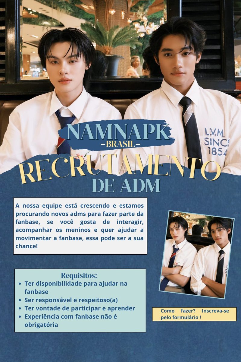 namnapkbrasil's tweet photo. Quer fazer parte da equipe da NamnaPk Brasil? 💙
Estamos procurando novas ADMs para ajudar a movimentar a fanbase e apoiar os meninos. Se você tem vontade de contribuir, preencha nosso formulário!

🔗:https://t.co/7NdM7geObs 

#NamnaPkBR #NamnaPk #Namna_ntb #pk_pata https://t.co/Ael9KIiogI