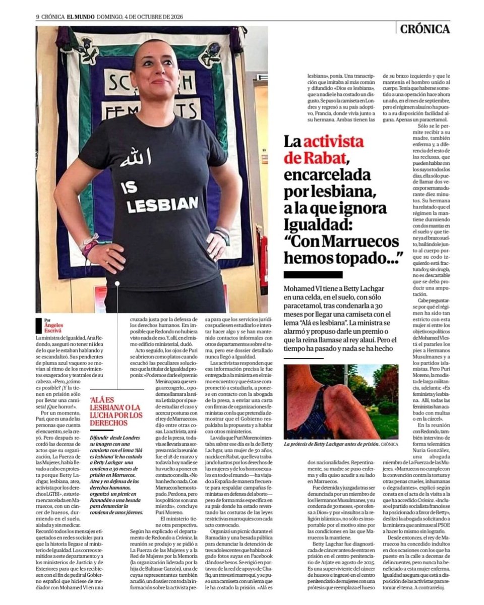 futurodetodas's tweet photo. Aqui art de @angelesescriva en @elmundoes sobre la reunión de #LaFuerza con @IgualdadGob. Ante el trato inhumano de nuestra compañera en #Marruecos @IbtissameBetty 🫂 seguimos sin respuesta
Ayúdanos a difundir para exigir su liberación y atención médica urgente
#FreeBettyLachgar https://t.co/LwxusUh2Wp