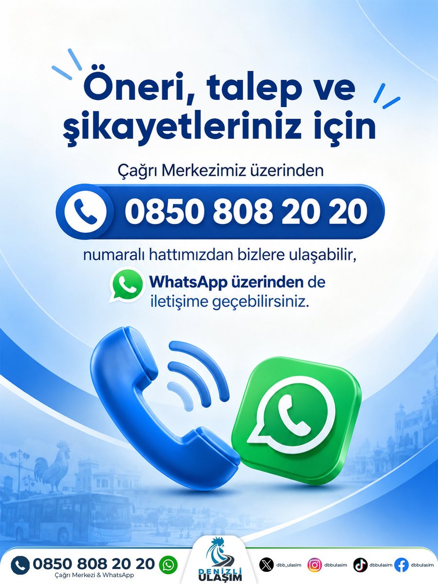 dbb_ulasim's tweet photo. Öneri, talep ve şikayetleriniz için Çağrı Merkezimiz üzerinden 0850 808 20 20 numaralı hattımızdan bizlere ulaşabilir, WhatsApp üzerinden de iletişime geçebilirsiniz.
#denizli https://t.co/W7fIxgP51r